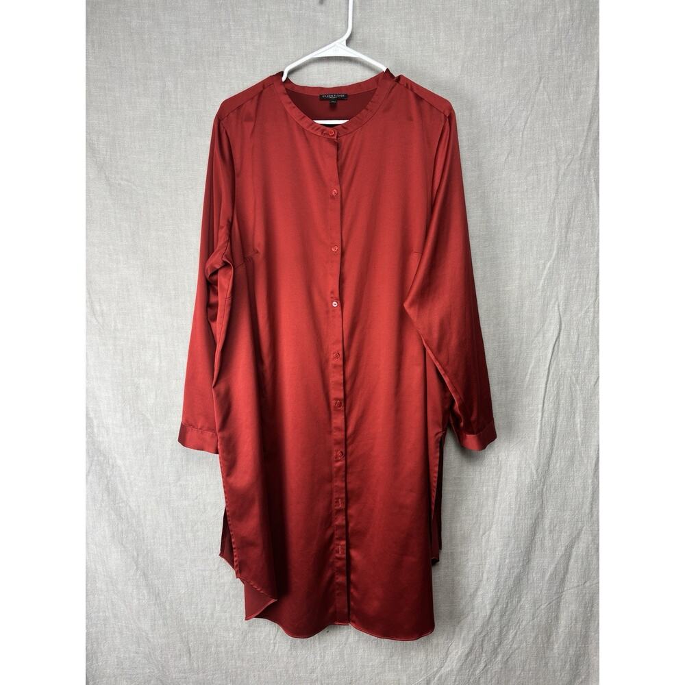 Eileen Fisher Red Satin Midi Button Front Dress 1X Long Sleeve Tunic Rust